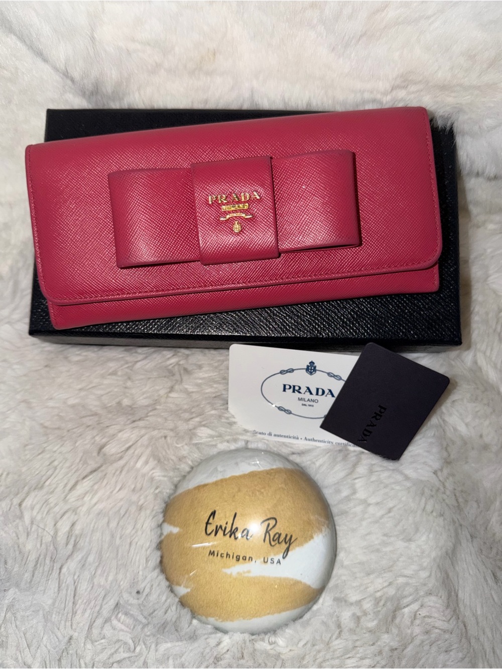 Prada Saffiano Pink Leather Bow Continental Wallet